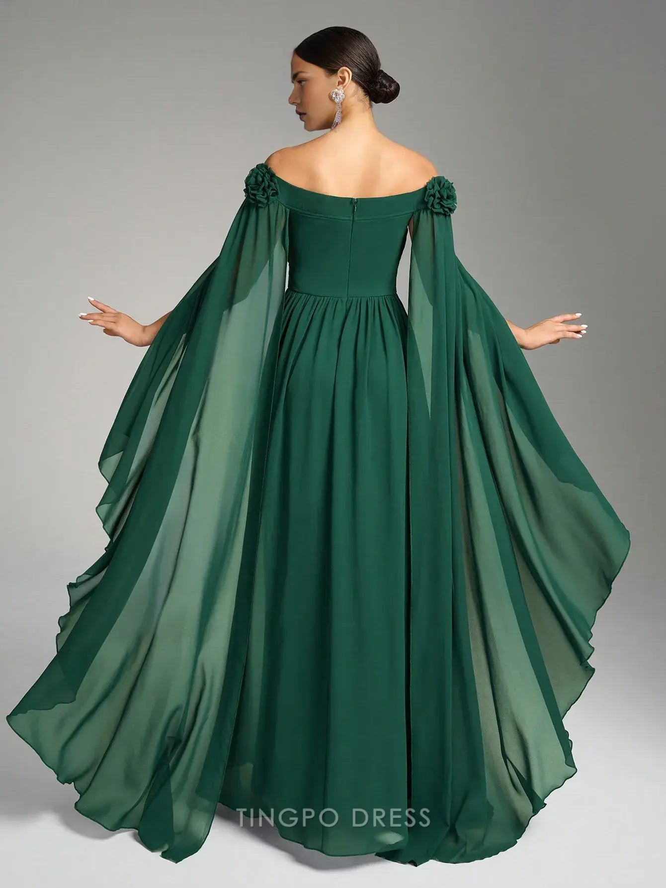 Elegant A-Line Off - Shoulder Floral Appliqué Cape Sleeve Maxi Dress Prom Dress